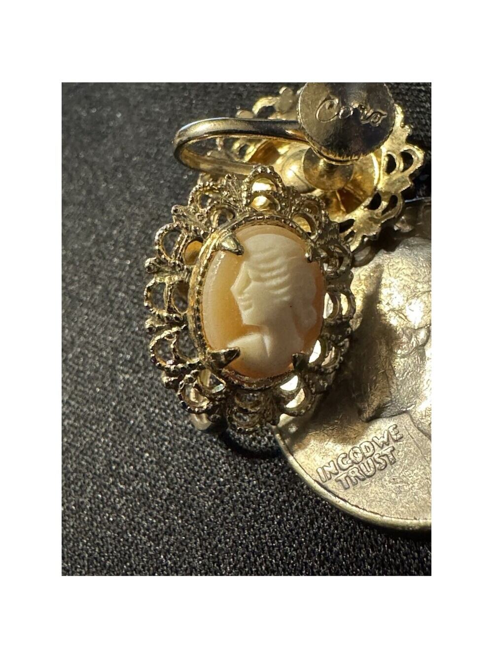 Vintage CORO Carved Shell Cameo Silver Tone Screw Back Earring